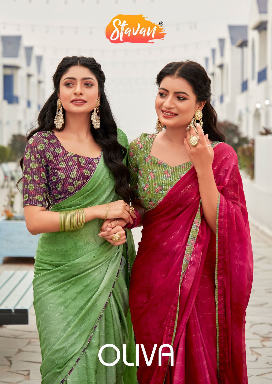 chiffon embroidery work saree - Rani Pink