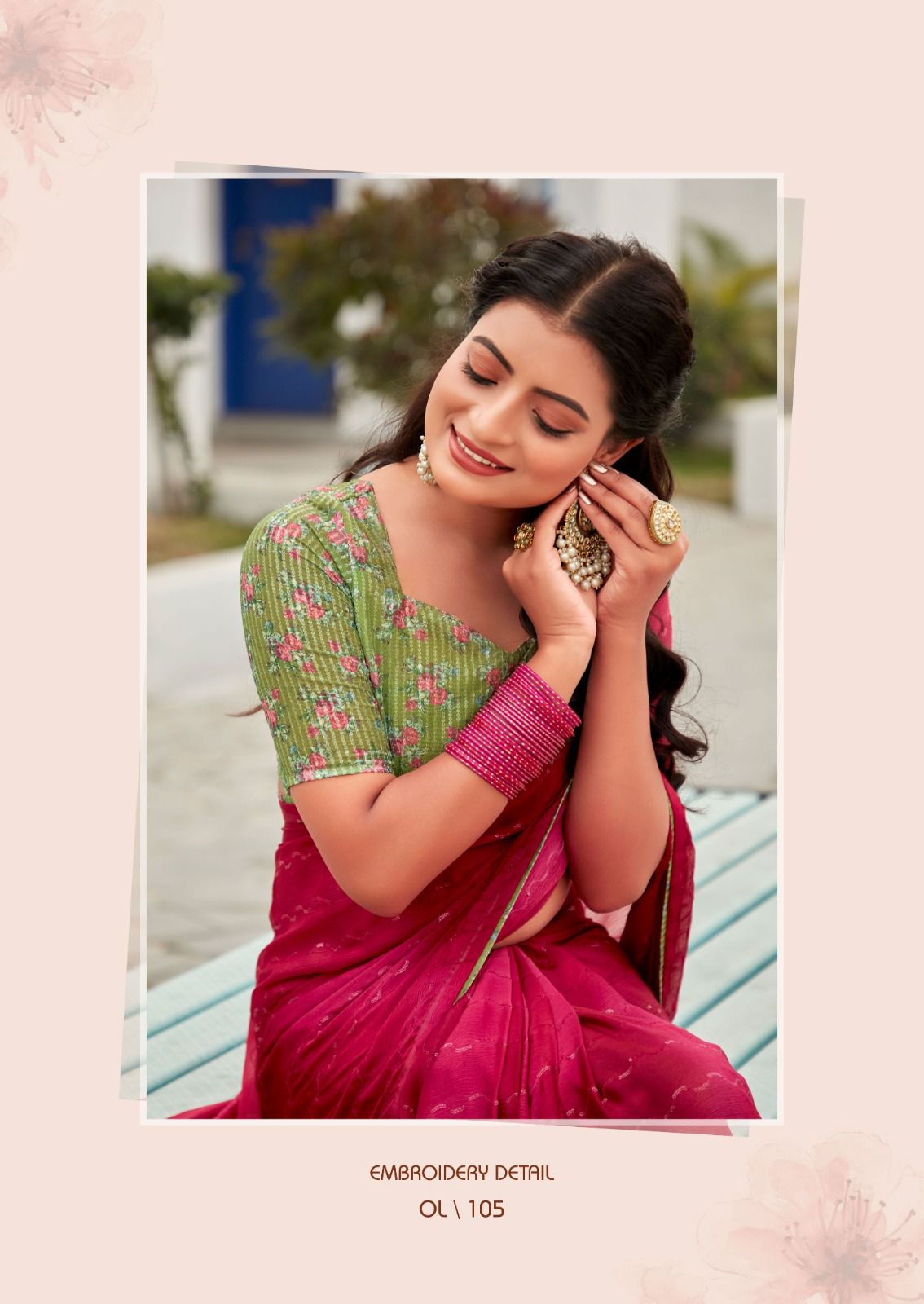 chiffon embroidery work saree - Rani Pink