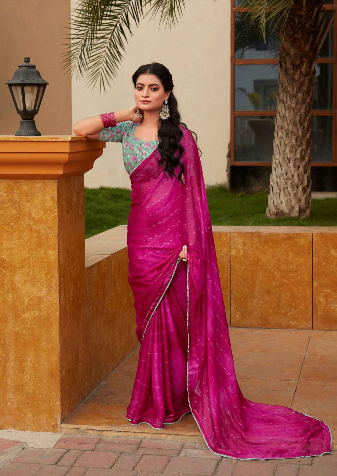 chiffon embroidery work saree - Rani Pink