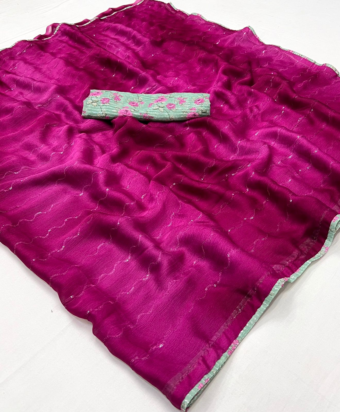 chiffon embroidery work saree - Rani Pink