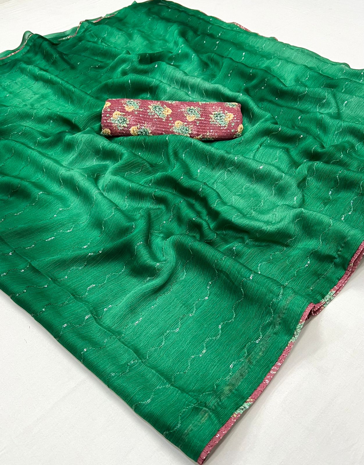 chiffon embroidery work saree - Mint Green