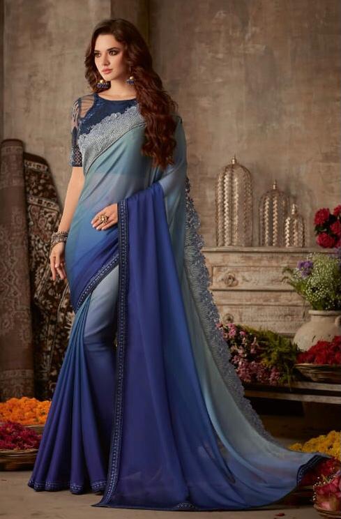 dual Deep blue party wear designer saree