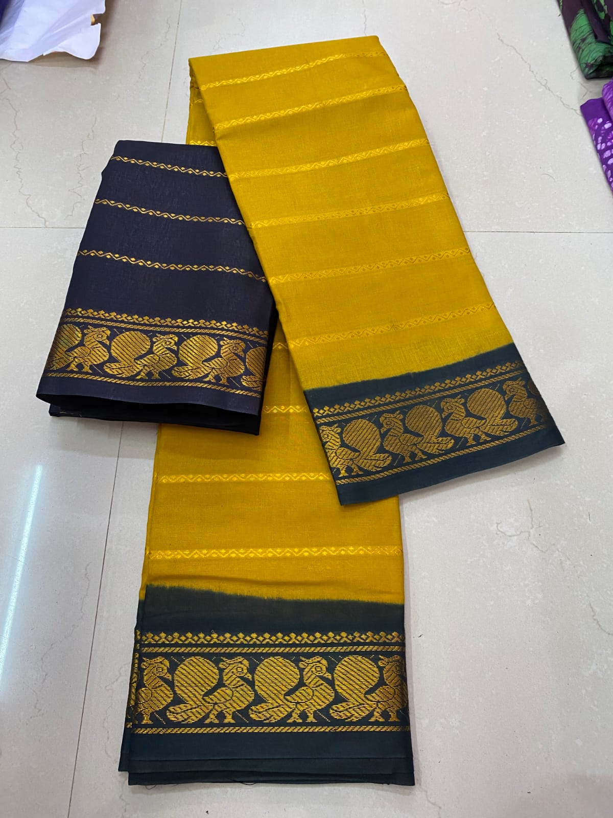 Mustard and Black Annam Design Madurai Sungudi Cotton Saree