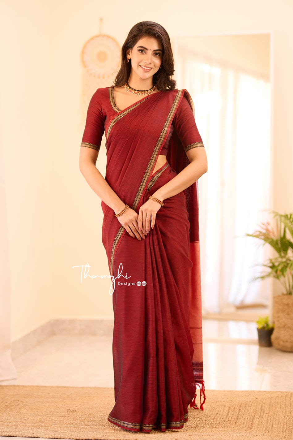 Small Border Red Narayanpeth Mercerised Cotton Saree