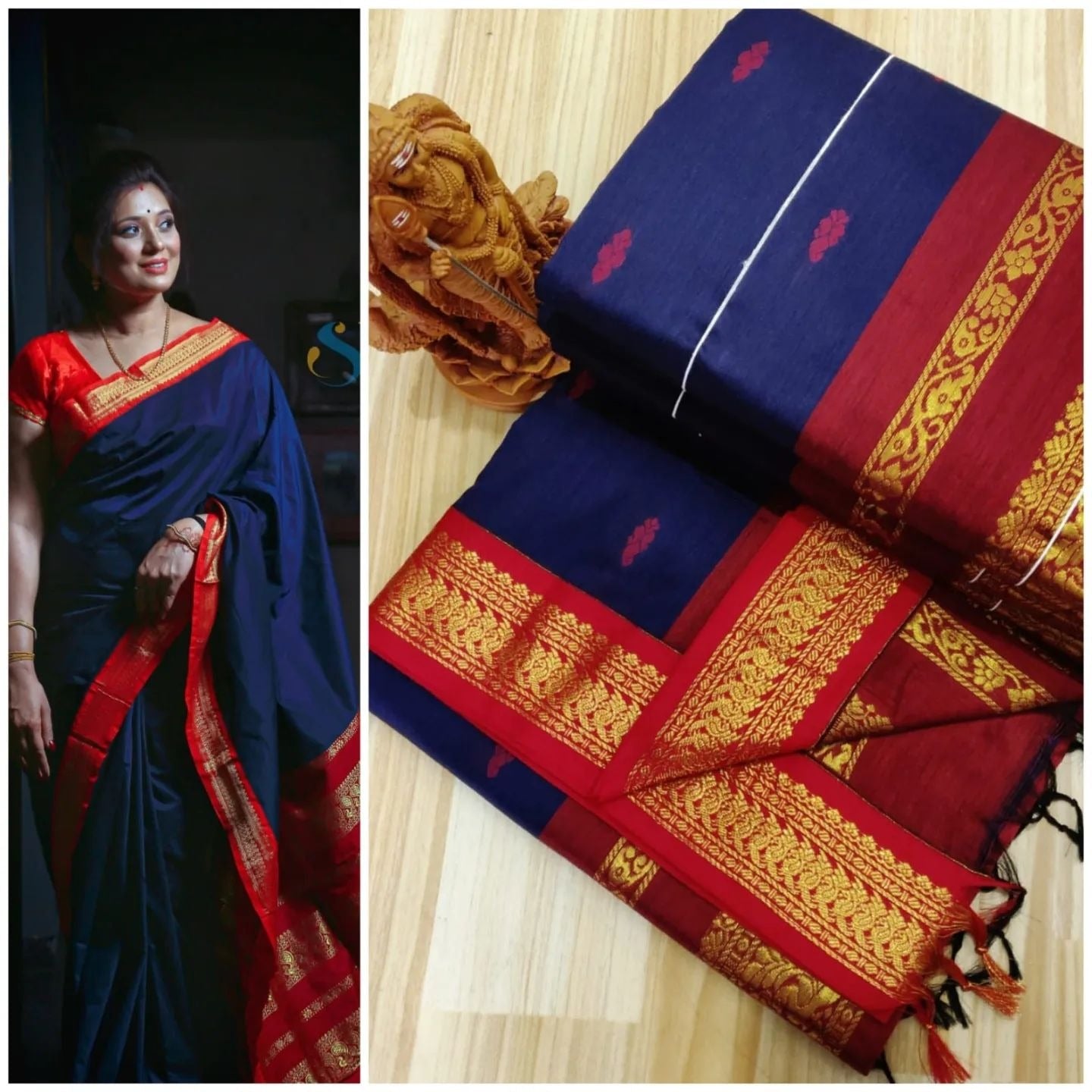Blue and Red Kalyani Cotton Saree with Contrast Border