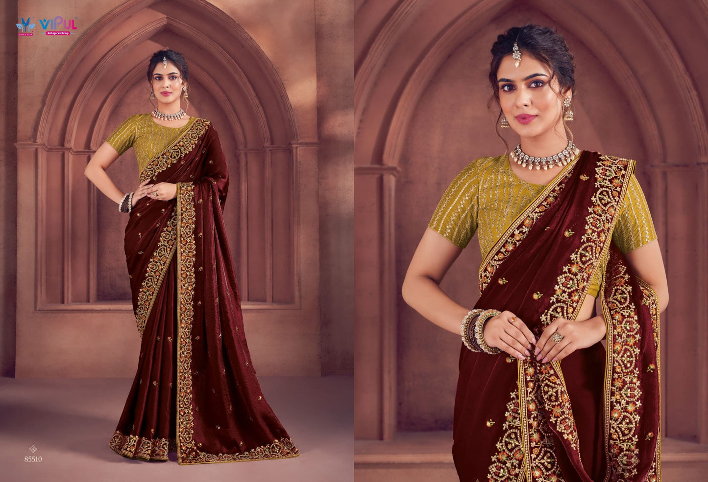 Chocolate Brown Organza Embroidered Saree