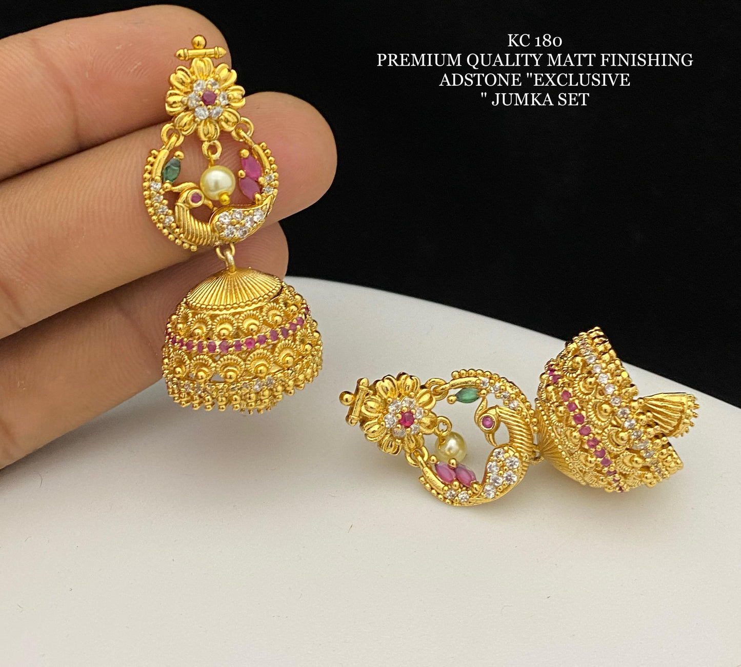 Premium Matt Finish Adstone Peacock Jhumka Set | Exclusive Temple Jewelry | UK Next Day Delivery