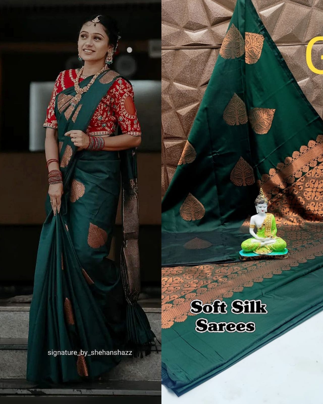 Bottle green borderless saree in soft silk