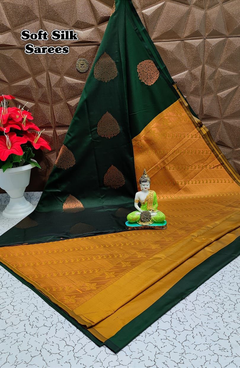Borderless Soft Silk saree - botle Green