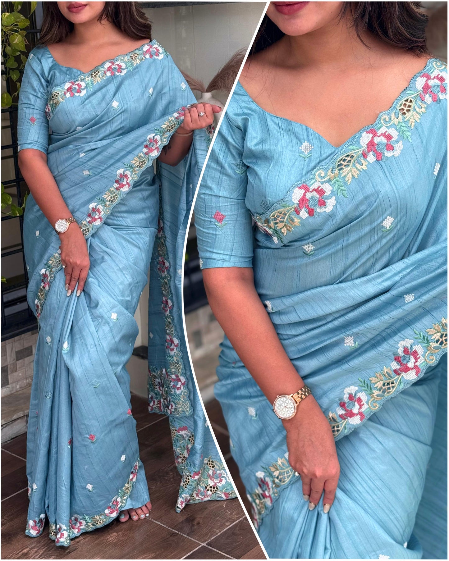 Sky blue saree - Visca Slub Silk Saree with Intricate Cut Work & Embroidery