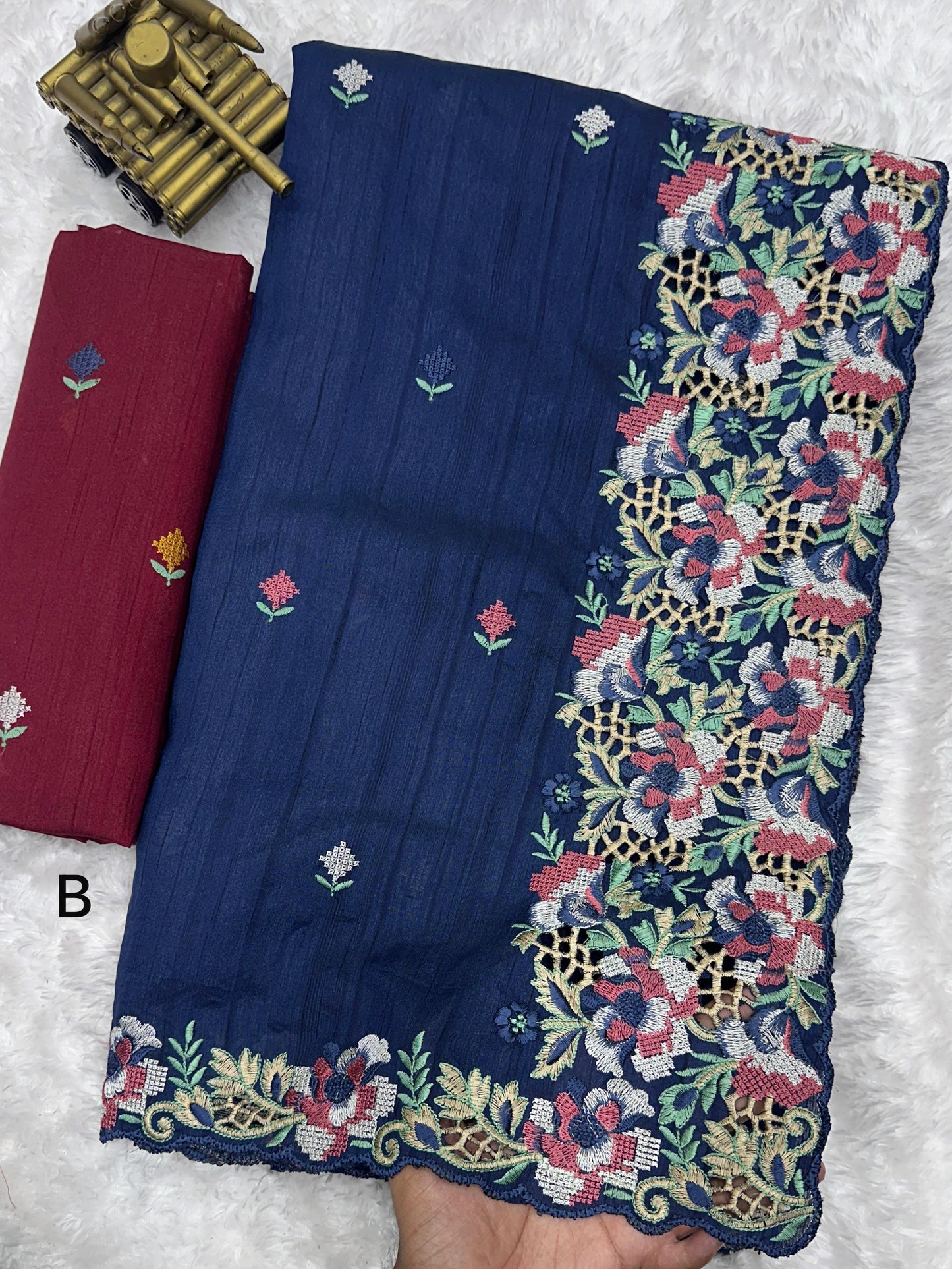 Blue saree - Visca Slub Silk Saree with Intricate Cut Work & Embroidery