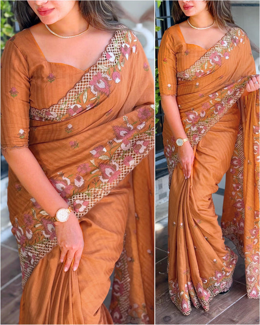 Rust Terracott Visca Slub Silk Saree with Cut Work Embroidery