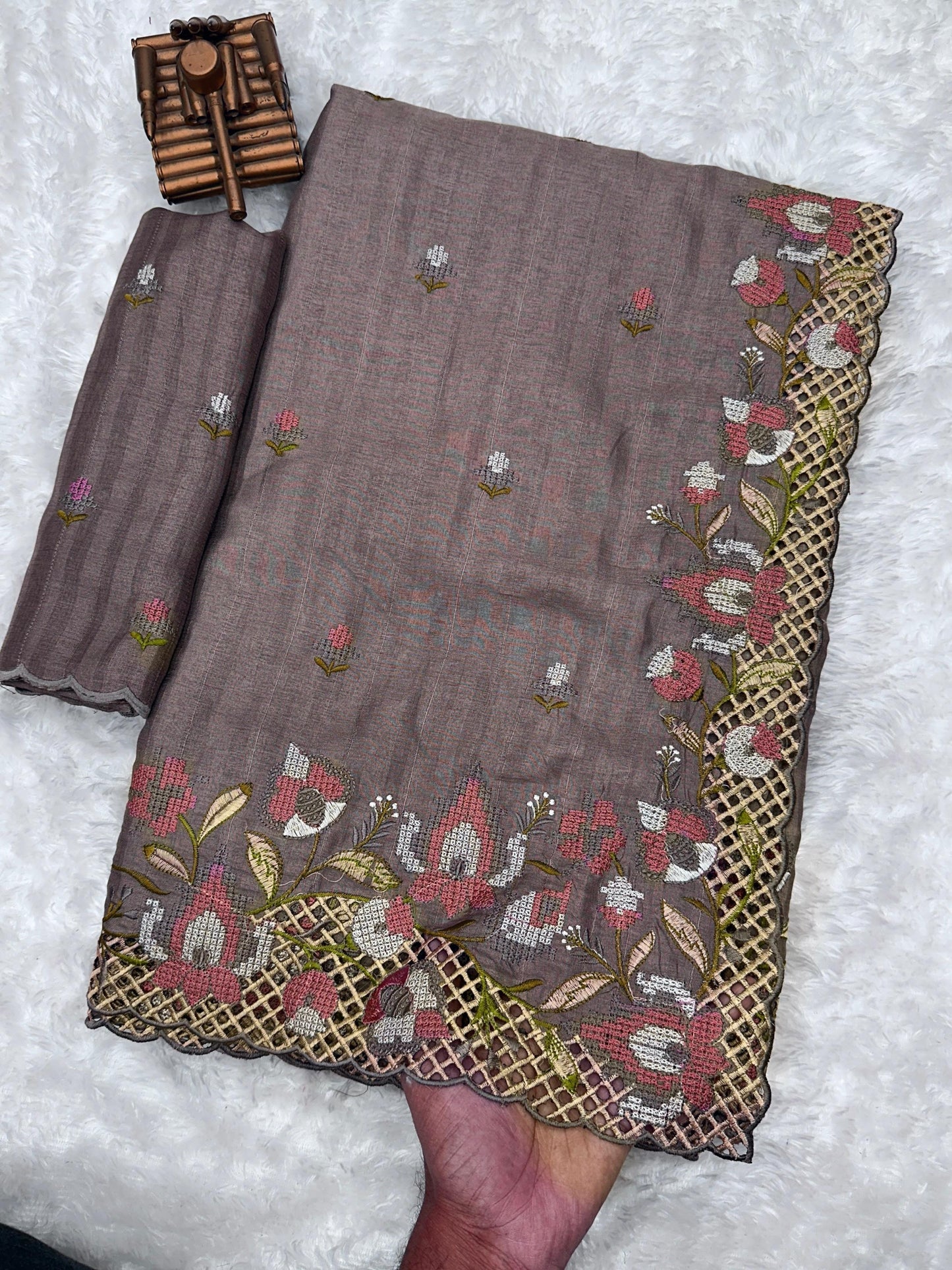 Dusty lavender - Visca Slub Silk Saree with Intricate Cut Work & Embroidery
