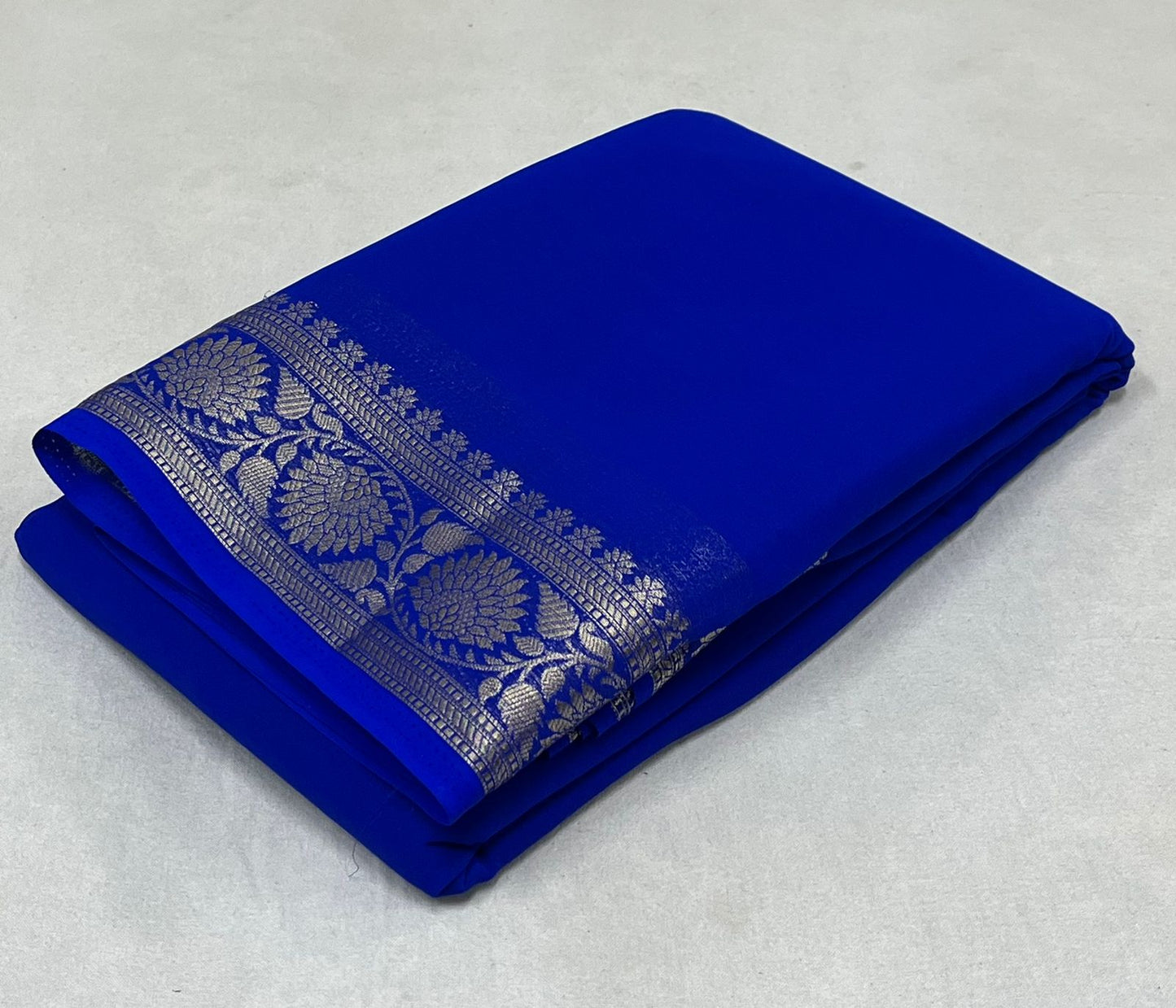 Blue - Mysore Crepe Silk Saree with Contrast Border