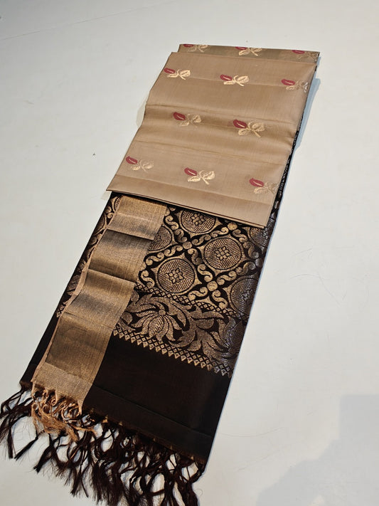 Kanchipuram Soft Silk Wedding Saree – Black & Beige | Next Day Delivery in UK