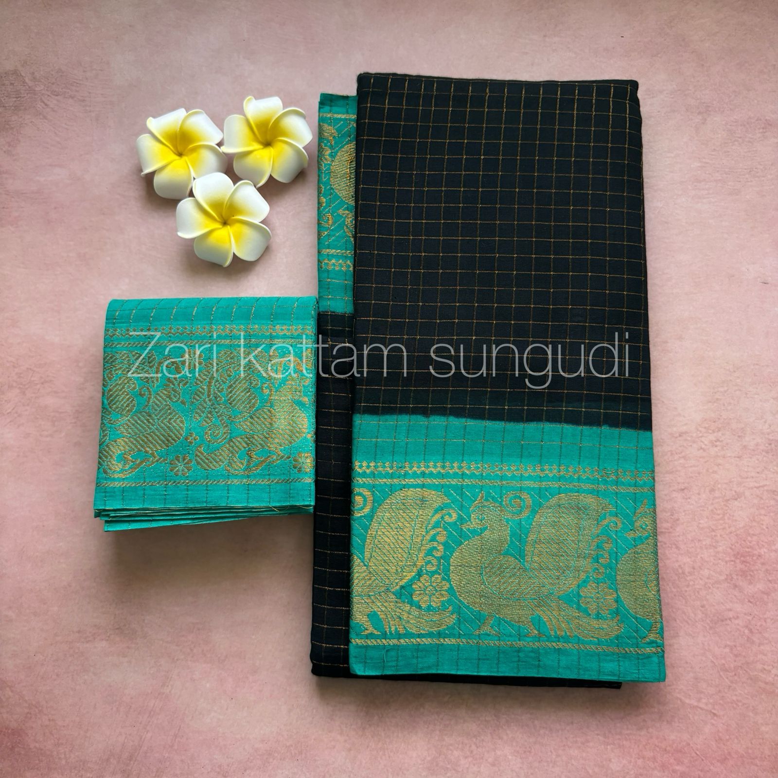 Turquoise and Black Madurai Sungudi Cotton Saree UK