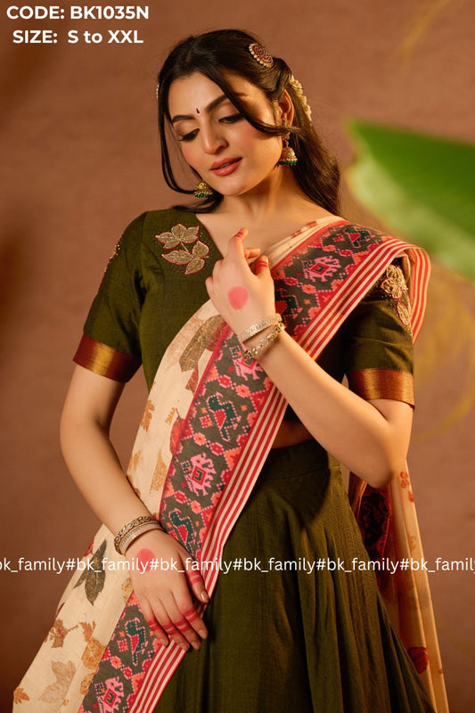 Tithi Lehenga Set in Mehendi Set is ready to wear,  Banarasi silk lehenga / half saree