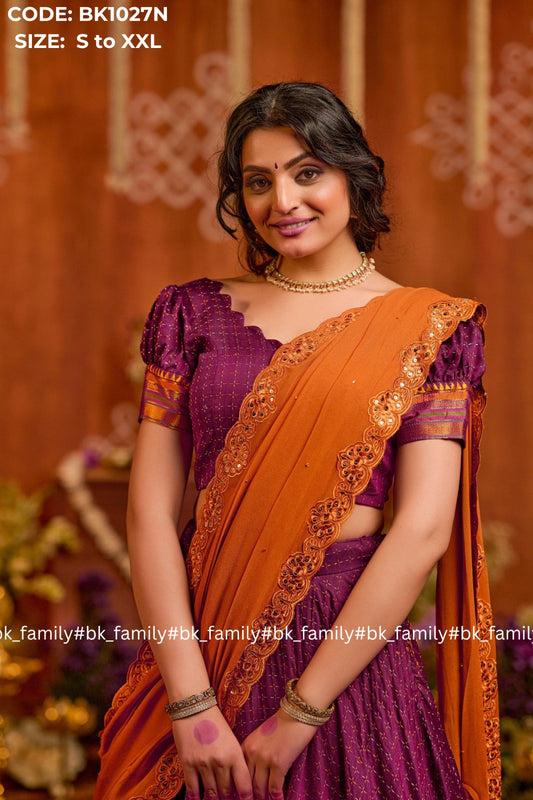 Vairagi Lehenga Set in Purple is ready to wear,  Banarasi silk lehenga / half saree