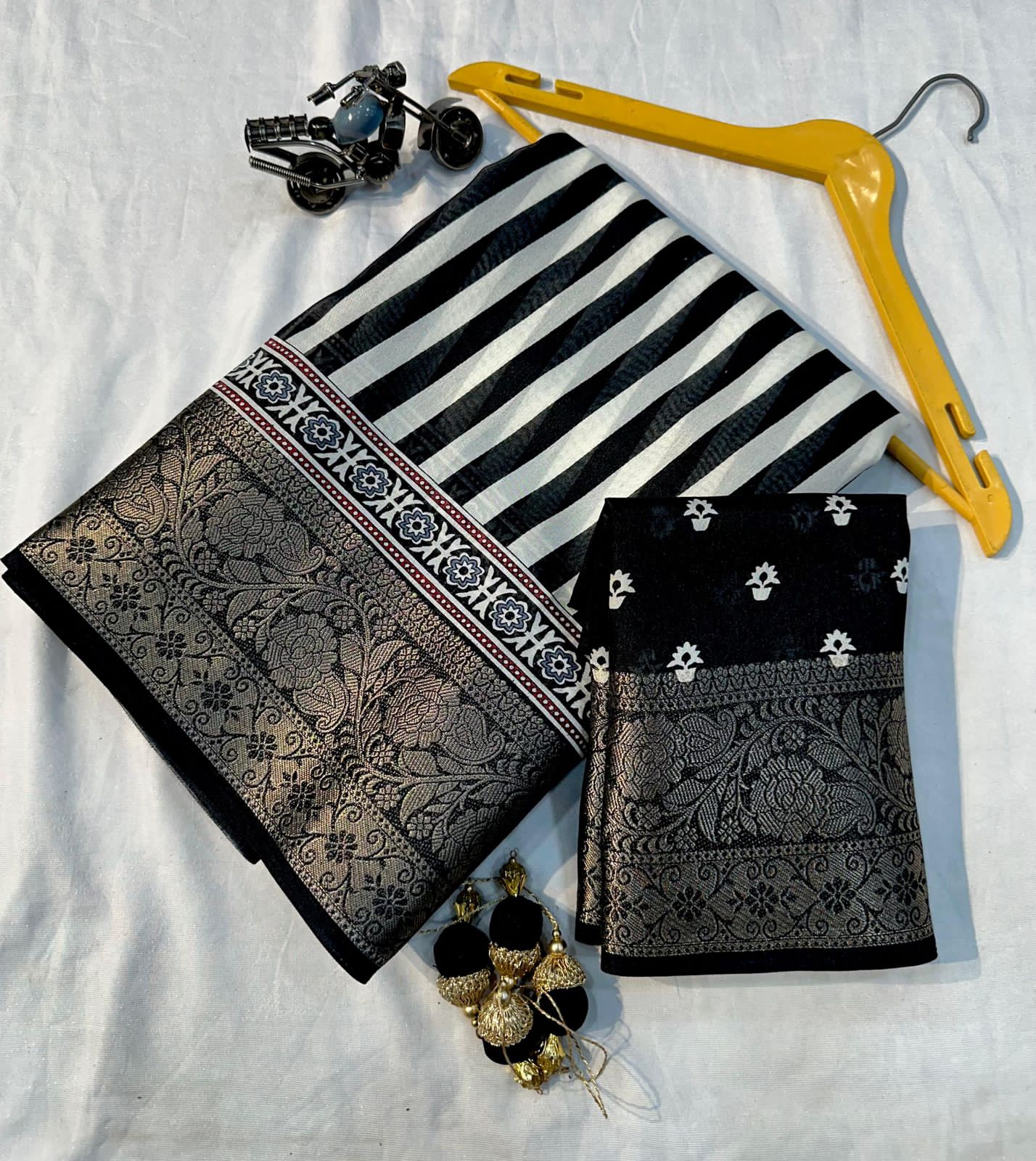 Black and white striped Soft Dola Saree with latkan