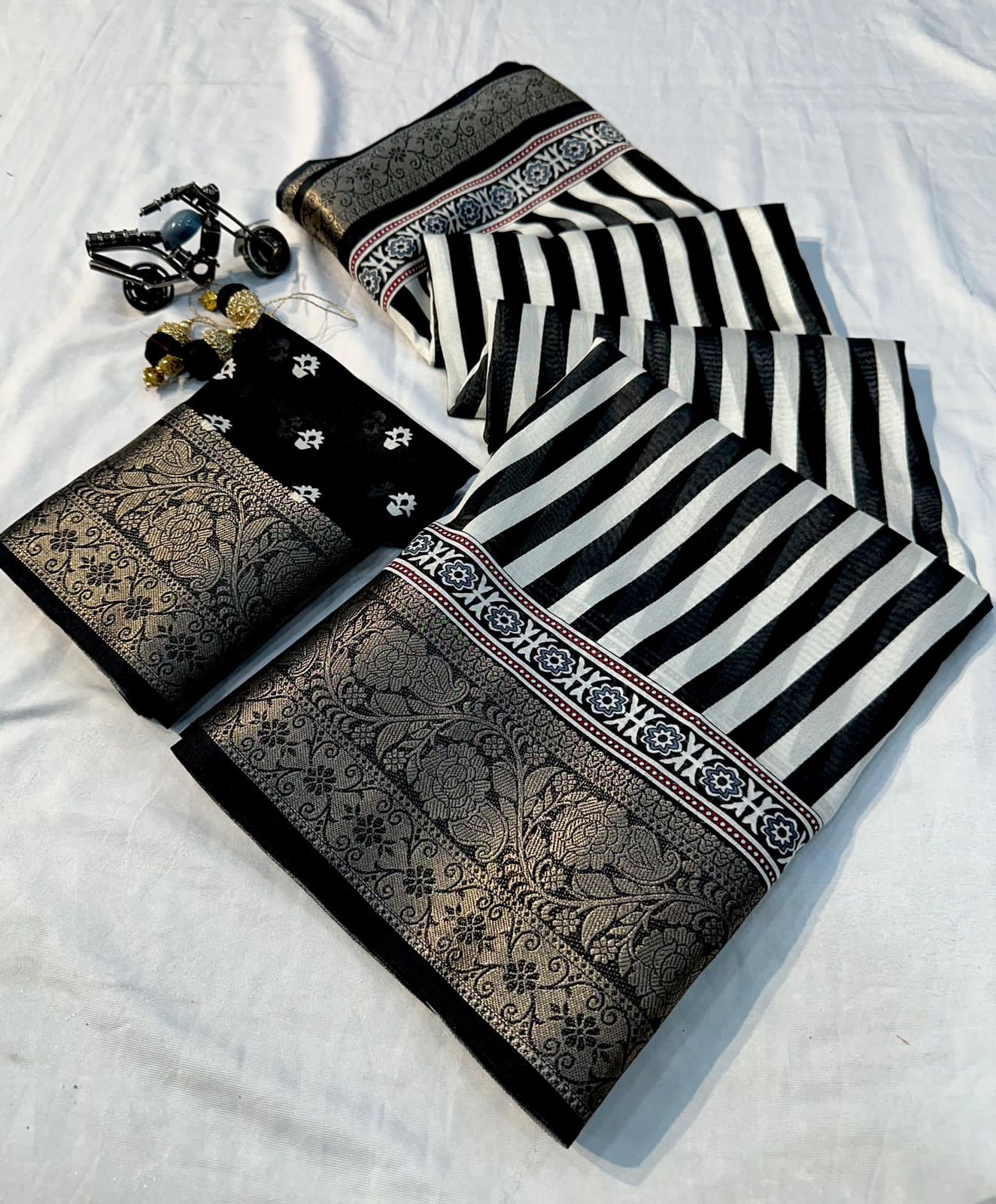 Black and white striped Soft Dola Saree with latkan