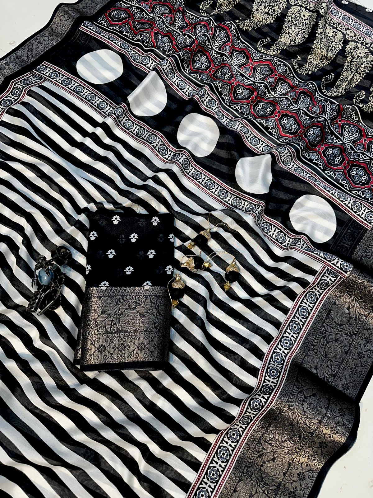 Black and white striped Soft Dola Saree with latkan