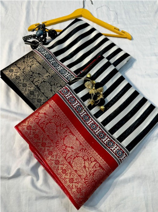 Black and white striped Soft Dola Saree with latkan