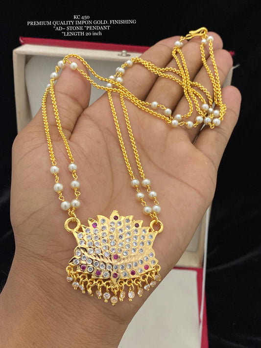 Premium AD Stone Lotus Pendant Necklace – 20 Inch Traditional Jewelry