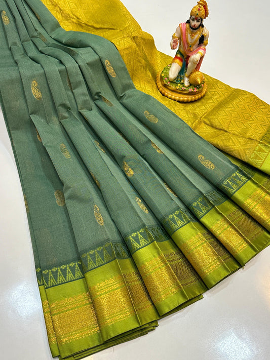 Mangalagiri cotton saree in saga green with zari border