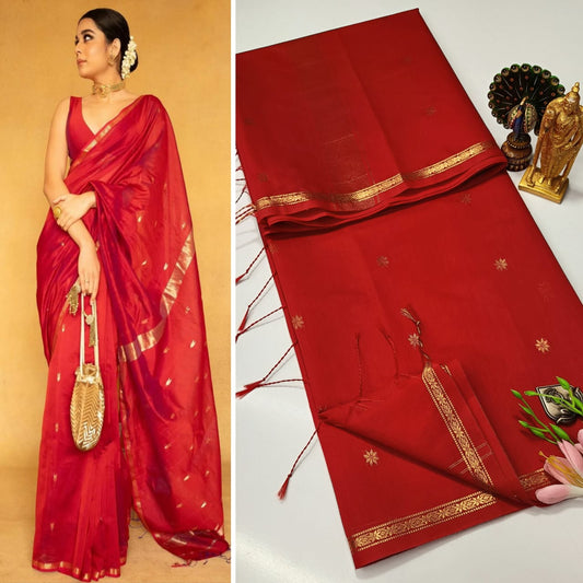 Red saree with gold border worn by a model and displayed on a white background.