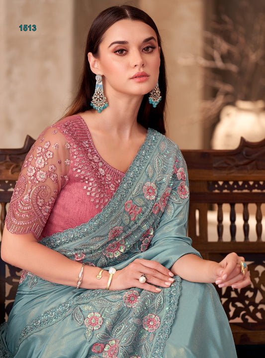 Buy Elegant Teal Satin Saree with Floral Embroidery