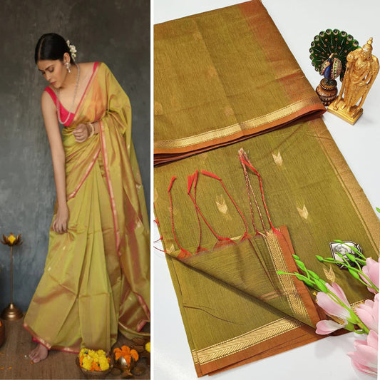 Sandalwood Maheshwari Silk Cotton Saree – Red Gold