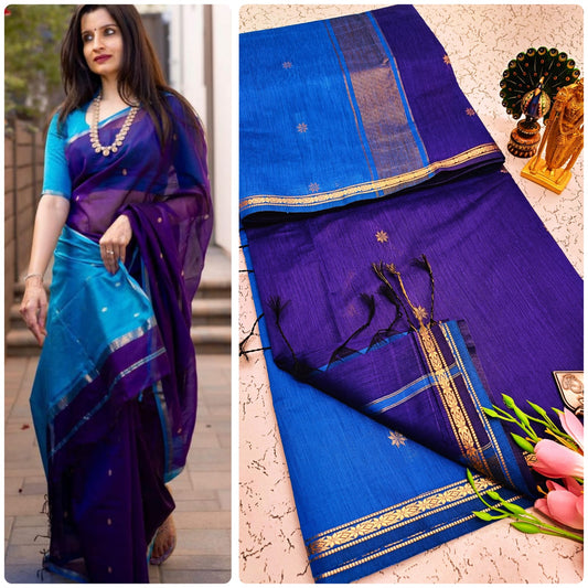 Bright Blue Maheshwari silk cotton saree with zari border