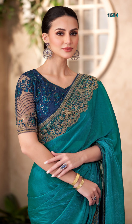 Majestic blue party wear saree with intricate embroidery