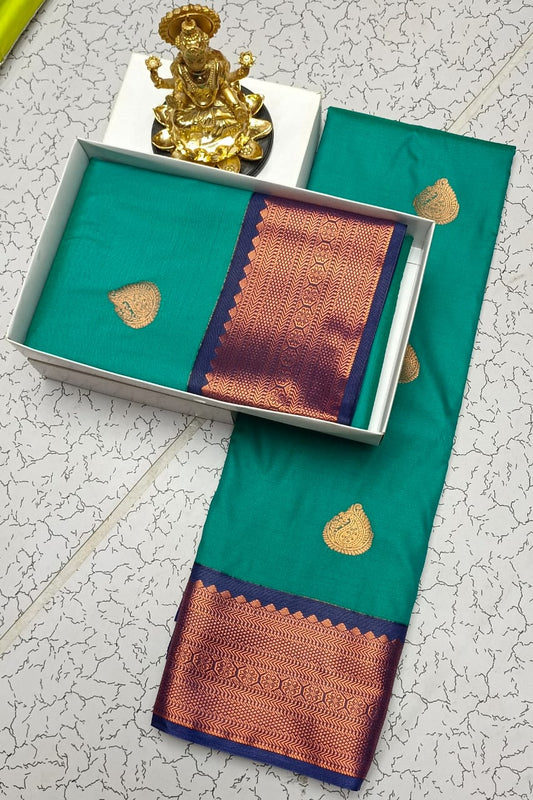 Turquoise Semi Silk Pattu Saree | Navy Blue Zari Border Wedding Saree