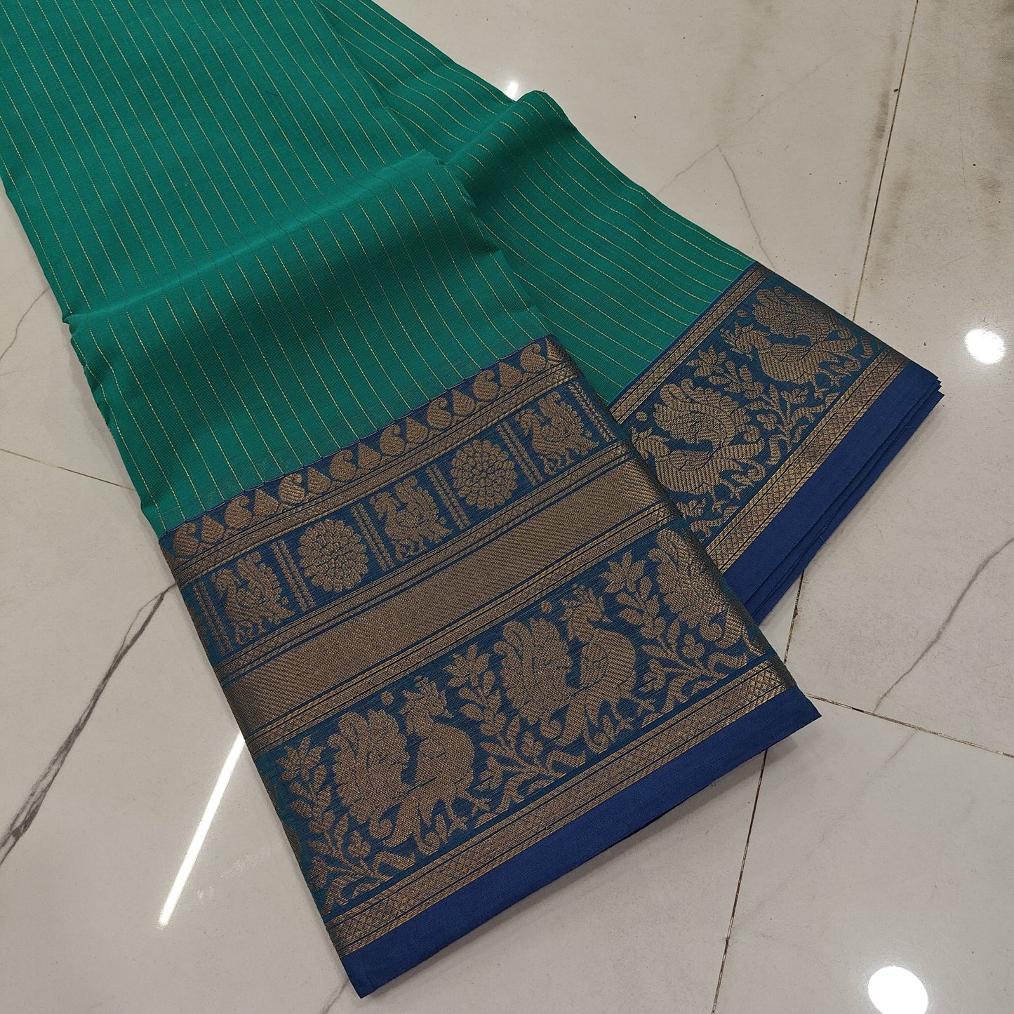 Elegant Kanchi Cotton Saree in Teal Green with Rich Zari Border & Pallu