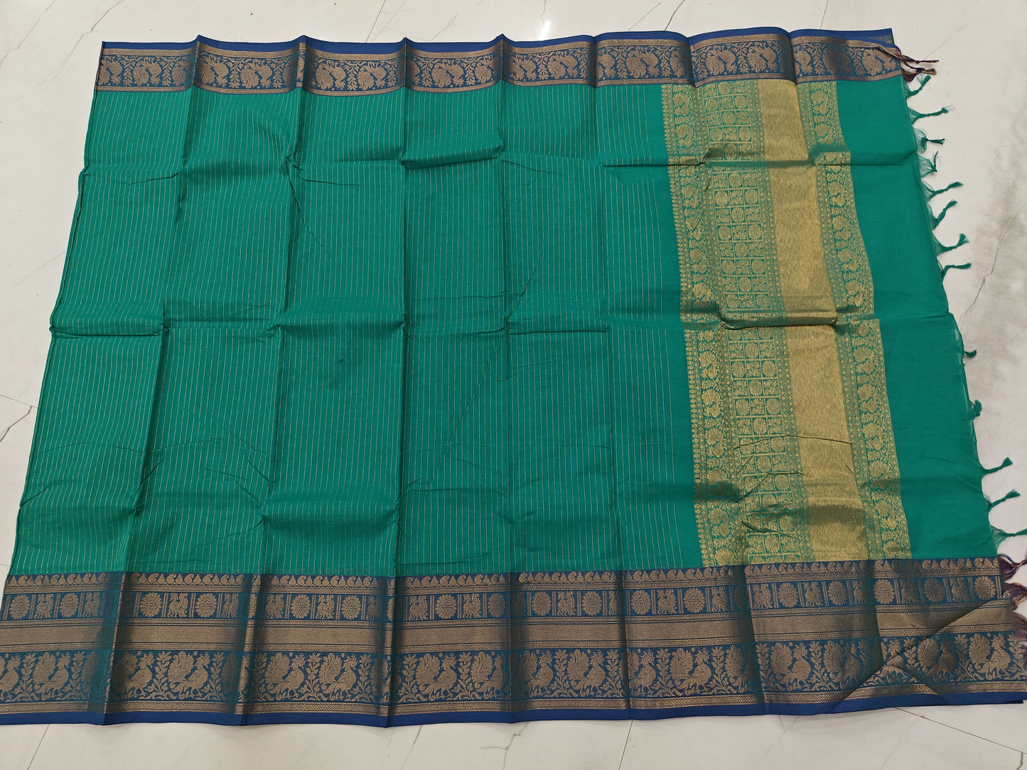 Elegant Kanchi Cotton Saree in Teal Green with Rich Zari Border & Pallu
