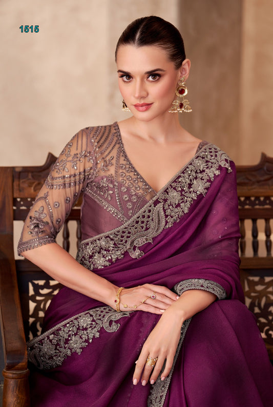 Charming purple saree with embroidered border