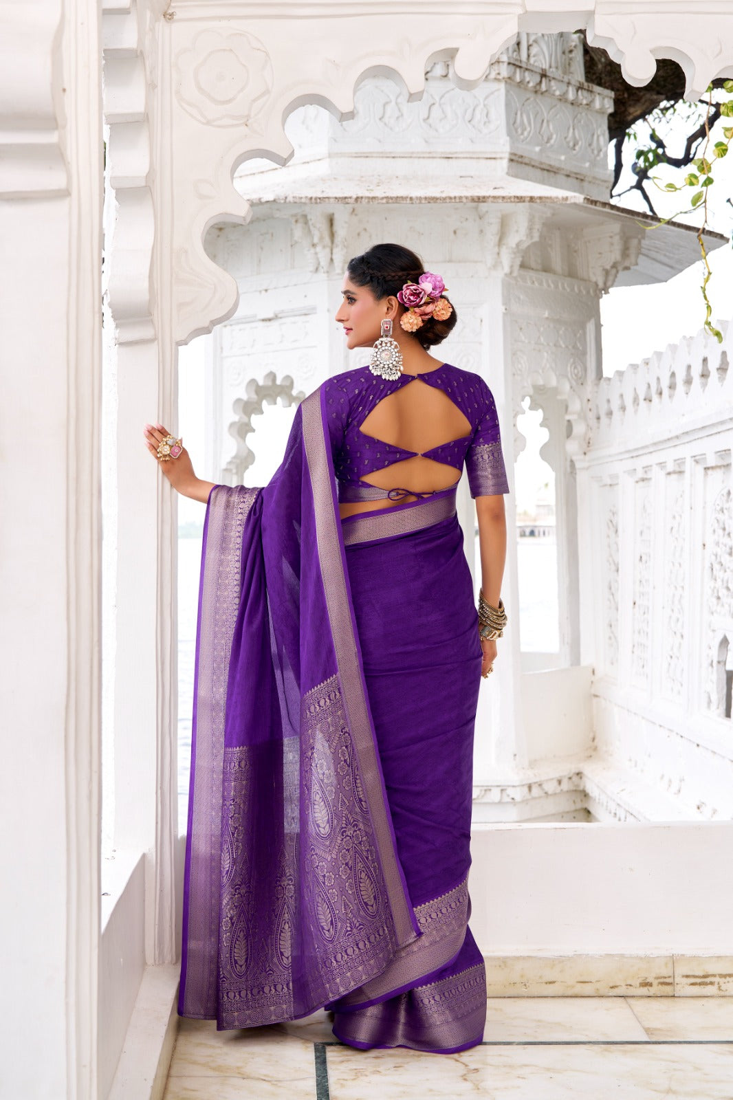 Royal purple - Chinon charm. printed plus zari work saree