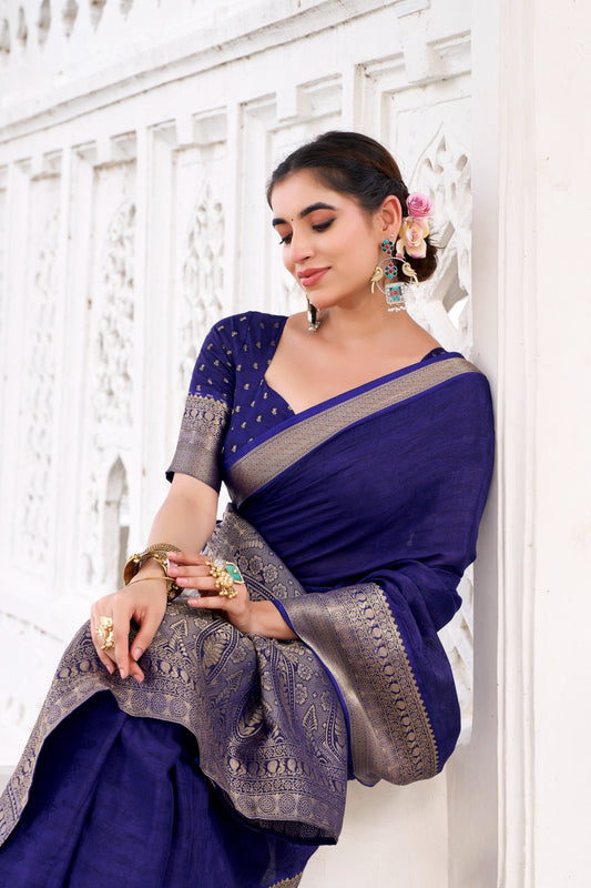 Royal blue - Chinon charm. printed plus zari work saree