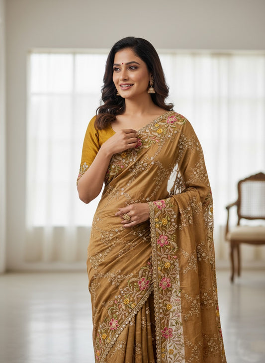Party Wear Soft golden brown embroided Rangoli Silk Saree