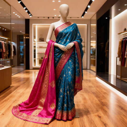 Blue and Pink banarai silk saree