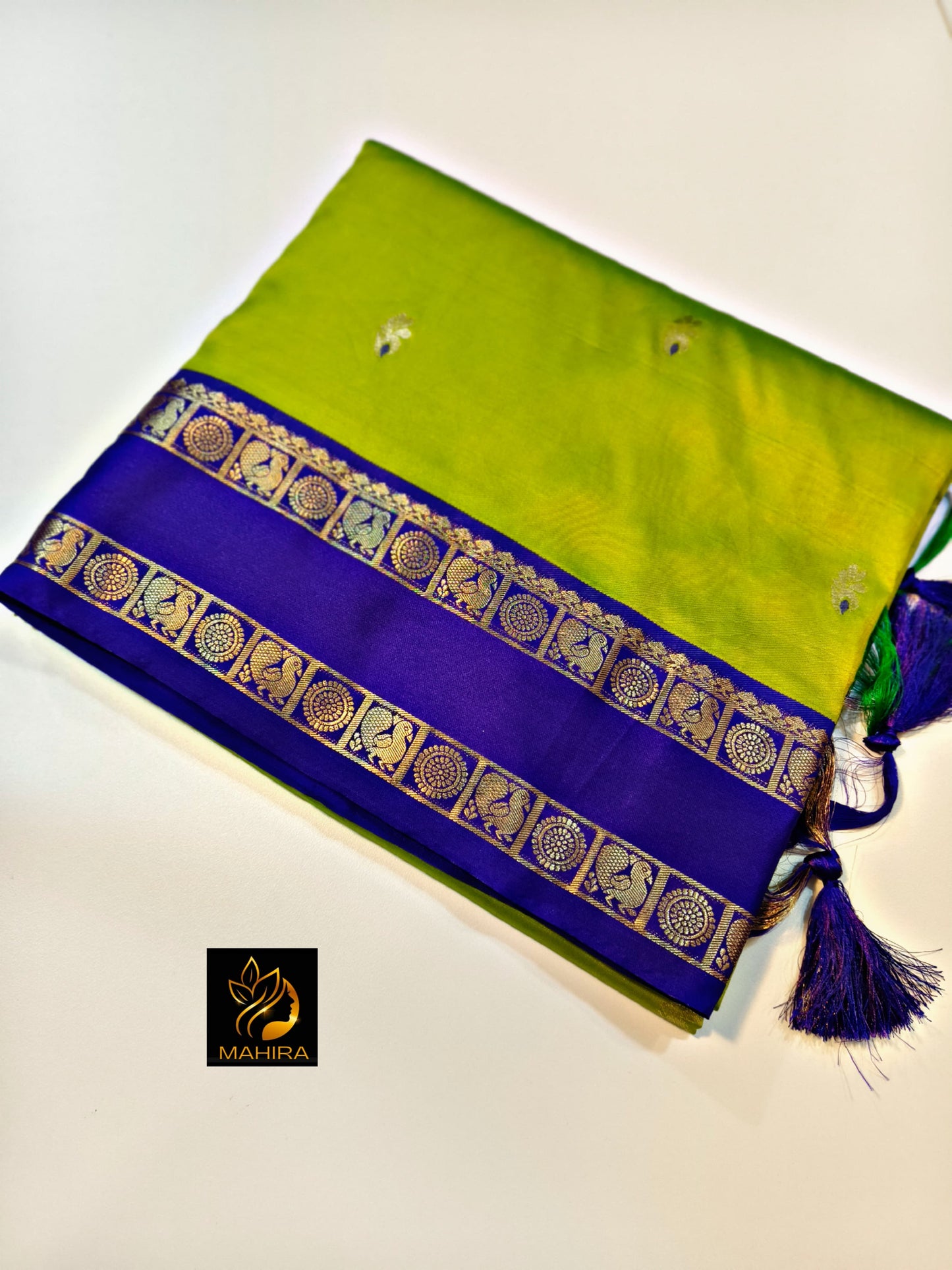 Elegant Lime Green and Royal Blue soft Silk Saree with Zari Border