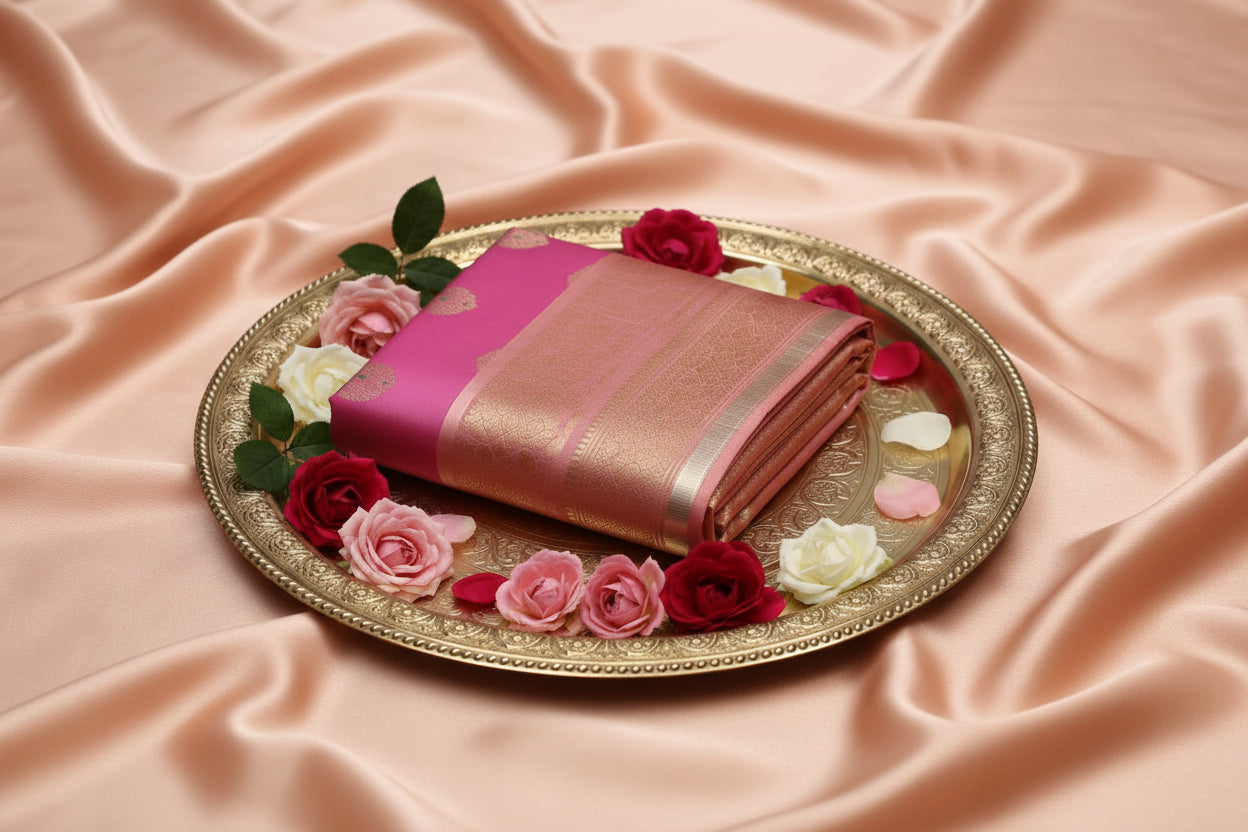 Pink saree with gold patterns on a white background