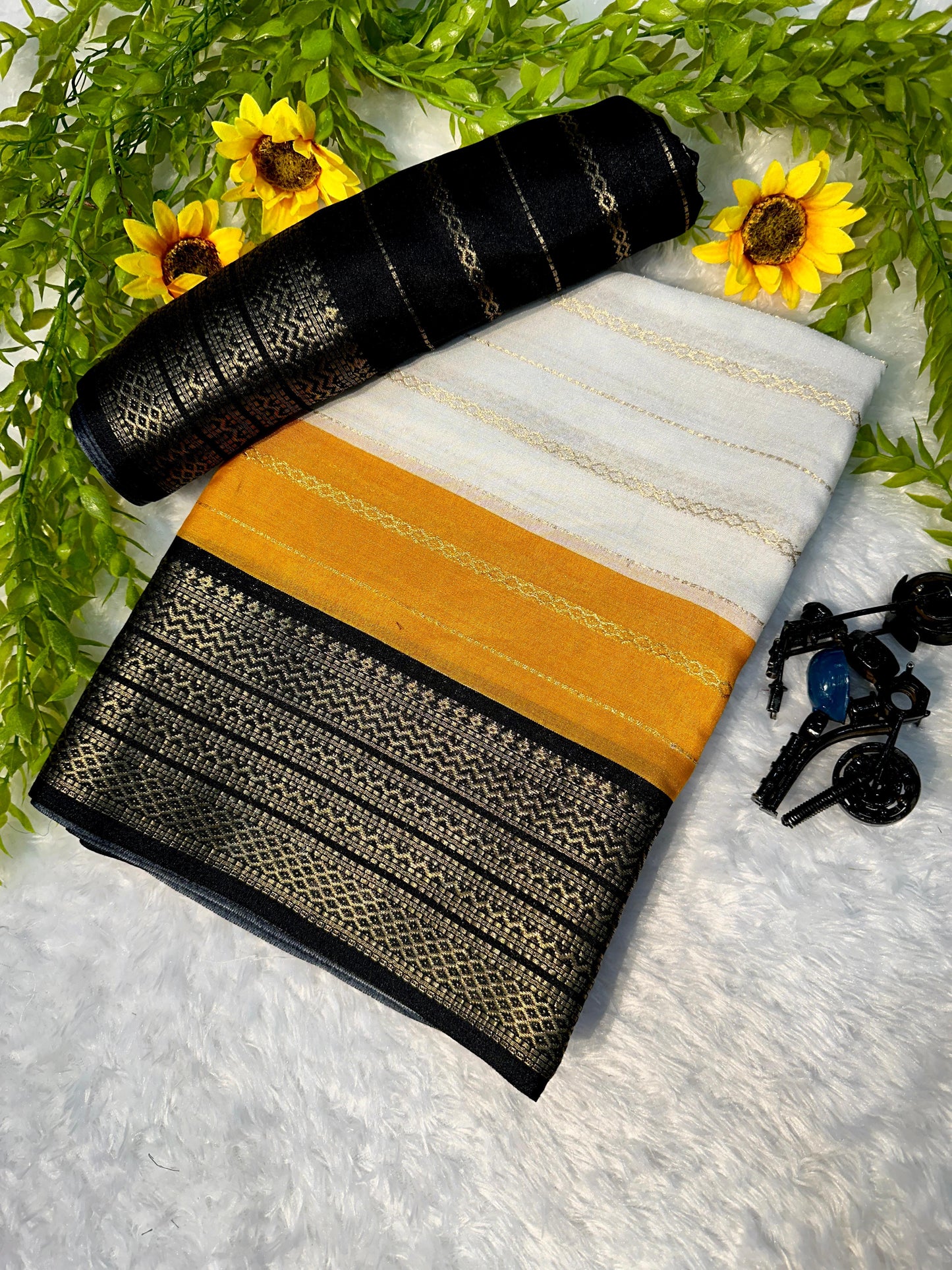 Fancy mysore silk crepe saree - Orange and Black