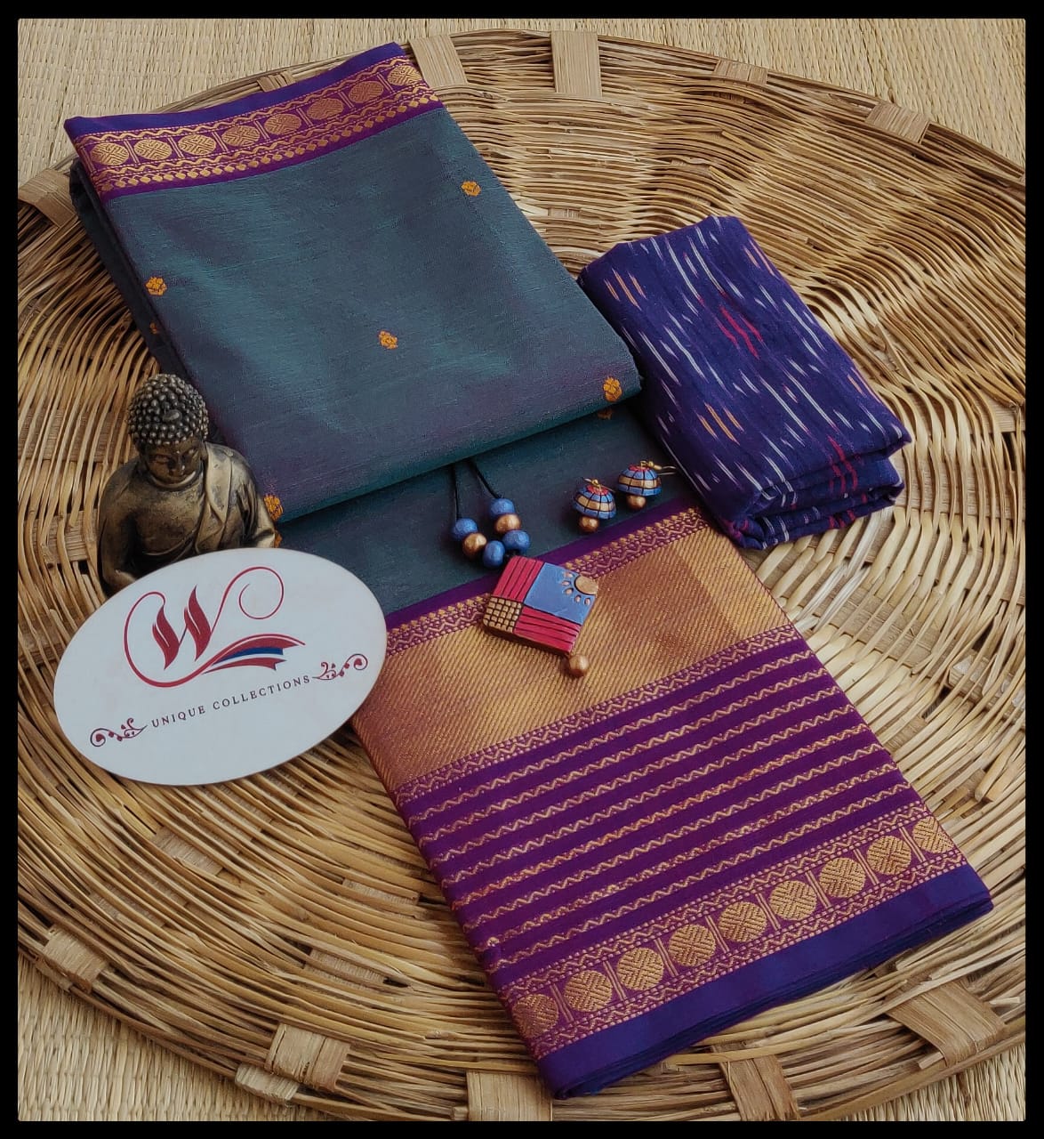 Elegant Kanchi Cotton Saree – Teal & Violet with Rich Zari Border saree