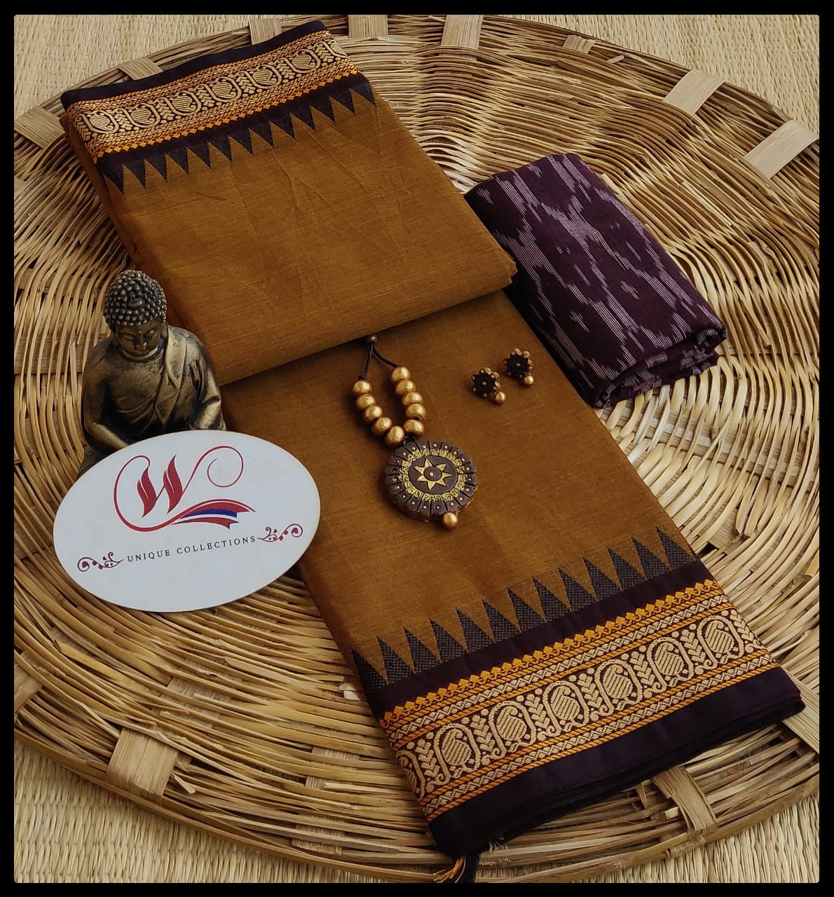 Mustard Brown Kanchi Cotton Saree with Temple Border & Ikat Blouse