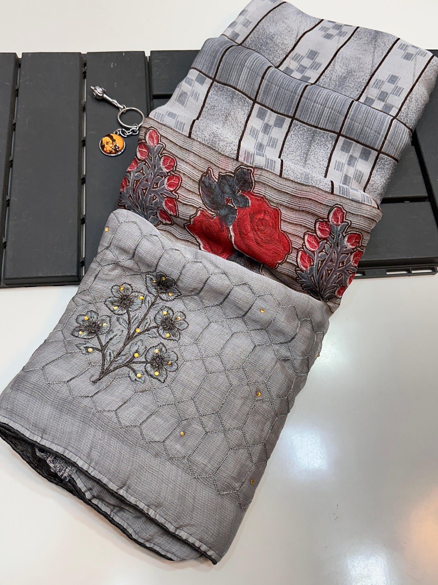 Chic Stone Grey Floral & Check Print Party Wear Saree with Cutdana Work