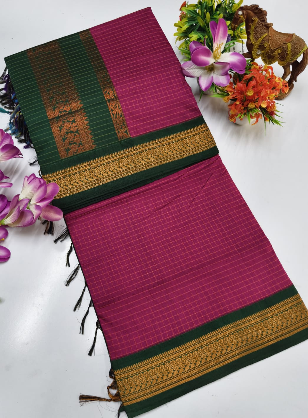 Kalyani Cotton Saree deep pink and bottle green
