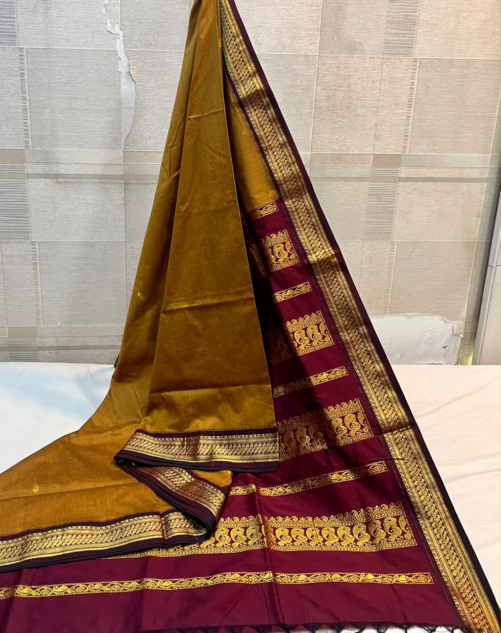 Mustard Gold & Wine Zari Saree | Traditional South Indian Silk Saree
