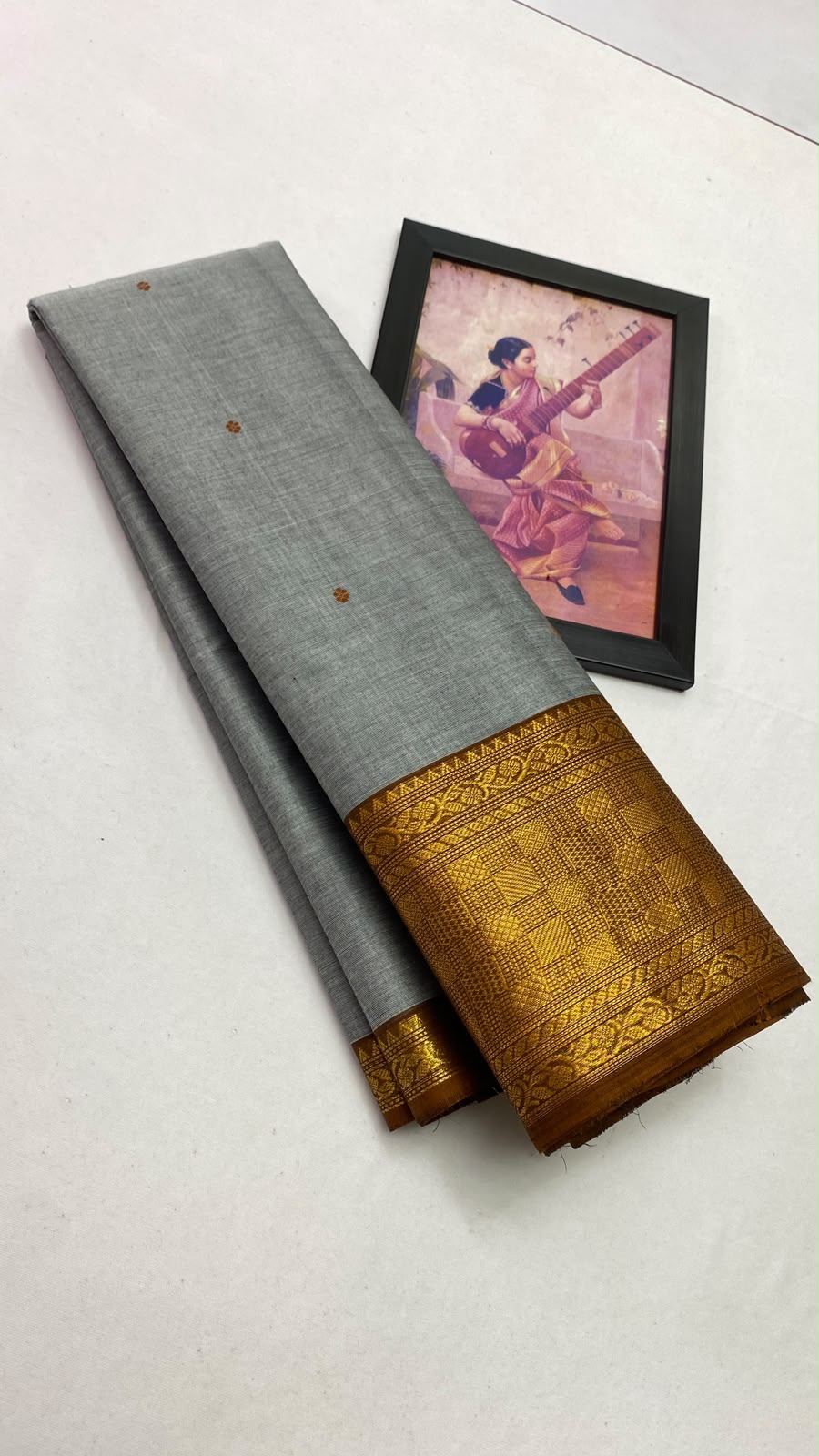 Grey Kanchi Cotton Saree with Antique Gold Zari Border